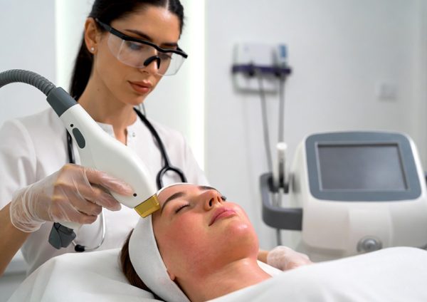High-resolution professional aesthetic clinic image showing a female client receiving laser hair removal treatment on her face in a modern dermatology clinic in Rawalpindi. The technician is wearing medical gloves and protective eyewear while using an advanced laser hair removal machine. Clean white clinical environment, soft natural lighting, professional skincare setting, minimal and hygienic interior. The client appears relaxed and comfortable. Corporate and medical aesthetic style, realistic photography, suitable for an SEO article about permanent laser hair removal and Deaesthetic Lounge Rawalpindi.